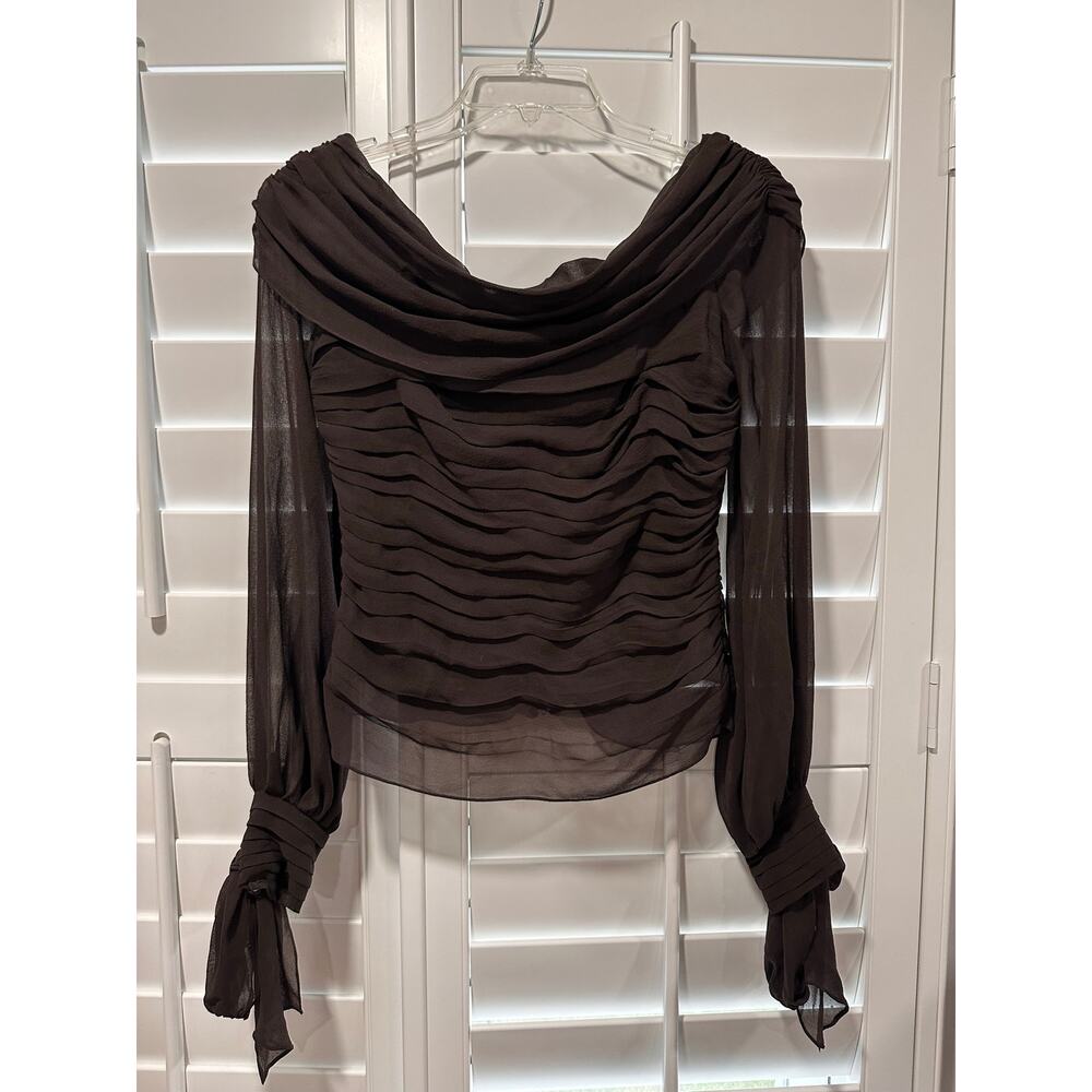 Vintage Lillie Rubin 100% Silk Ruched Blouse Off Shoulder Chocolate Brown Size 4 - Picture 10 of 13